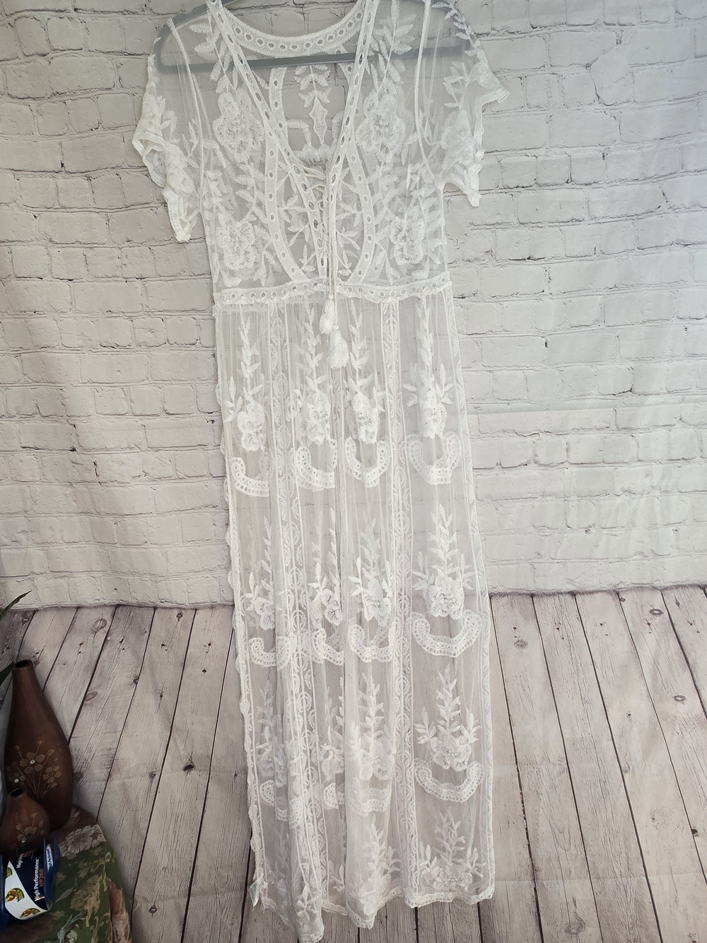 White sheer floral lace cottagecore boho maxi dress Cover Up corset bust sz lg